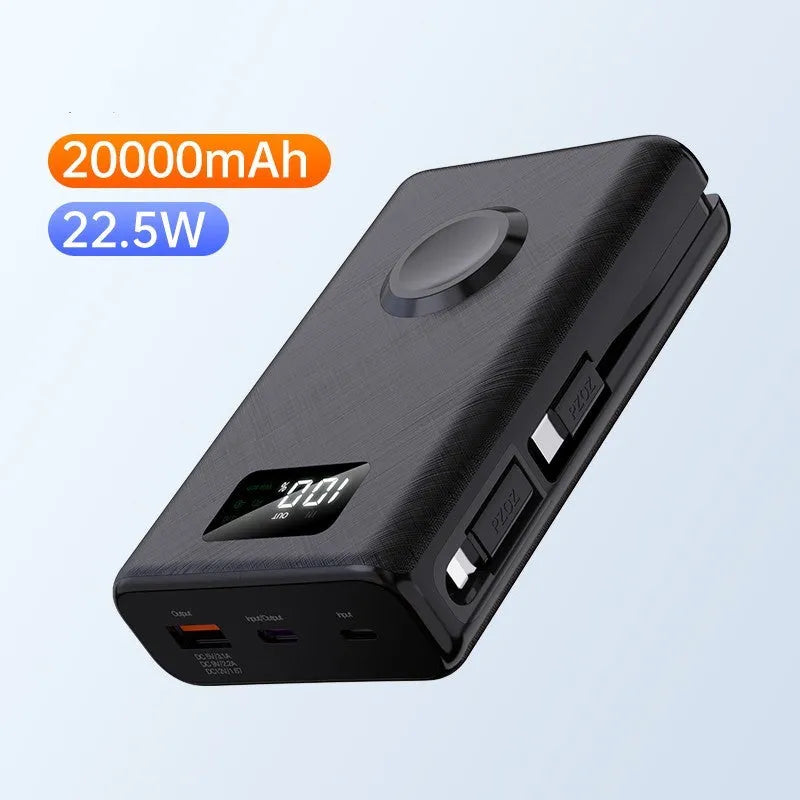 20000mAh magnetic wireless power bank with display screen in black plastic housing