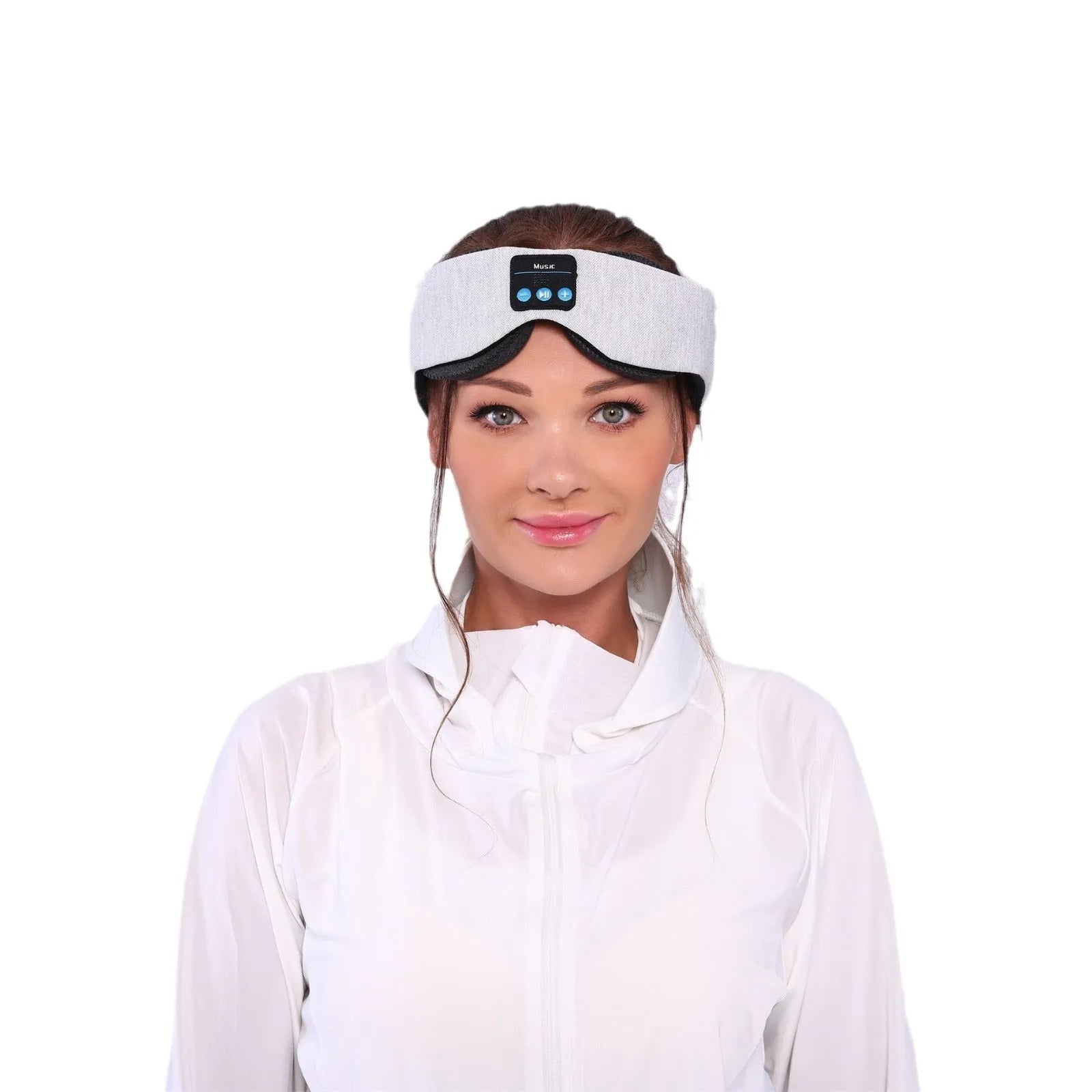 Grey outline Bluetooth sleeping eye mask with long eyelashes design on a polyester fabric.
