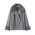 Women's grey mid-length hooded belted wool cape coat with faux fur collar, long sleeves, patch pockets