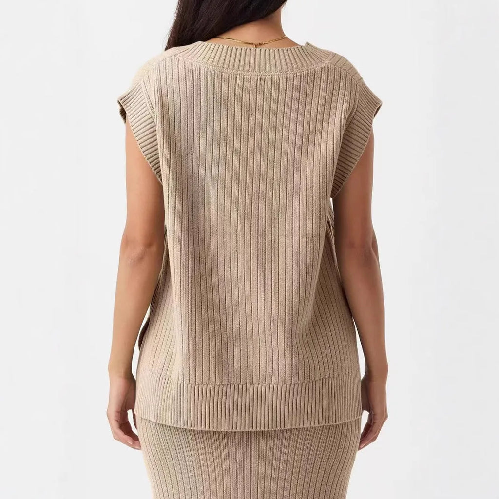 V-neck sleeveless pullover vest in viscose fabric available in camel and white colours