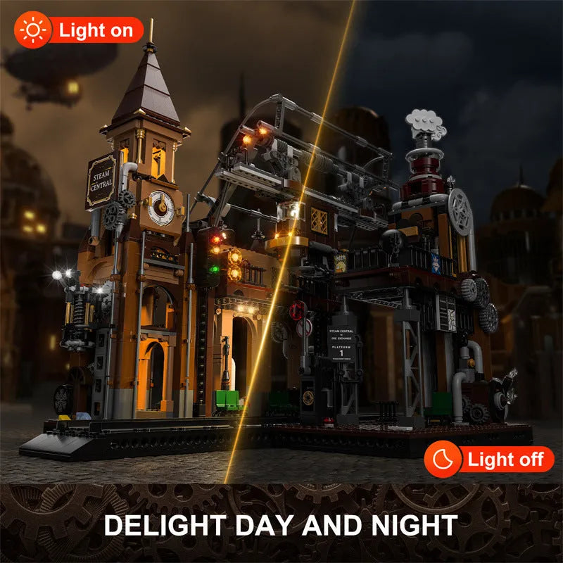 Steampunk train station model built from 1843 plastic blocks with LED lights and flash function