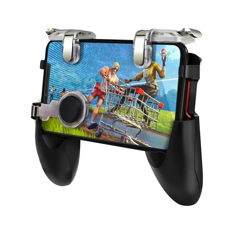 Black wired mobile phone game handle with USB-C plug attached to a smartphone, showing side charging port.