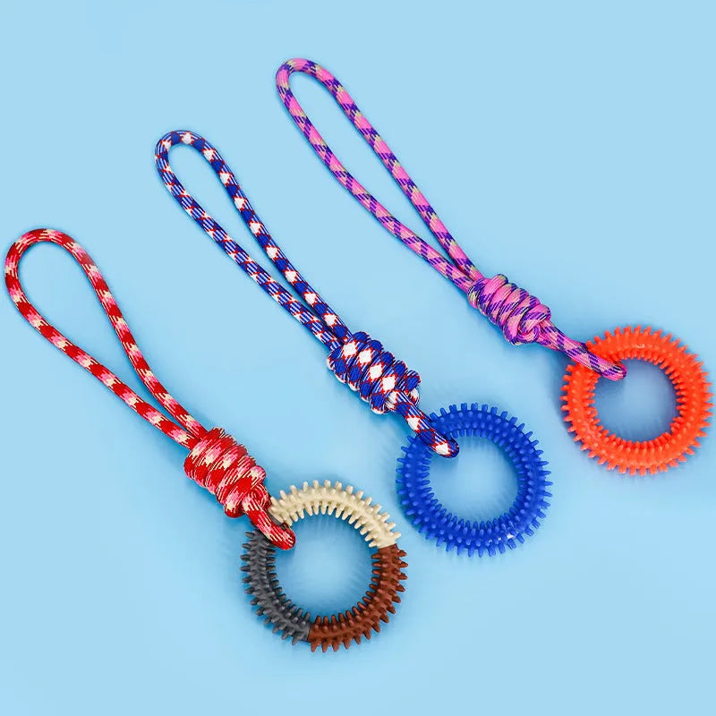 Long blue braided rope dog toy with a central knot, shown on a white background