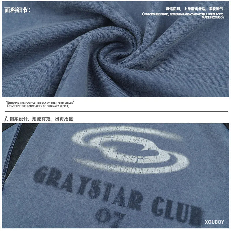 Blue hip hop letter print T-shirt with raglan sleeves on male model