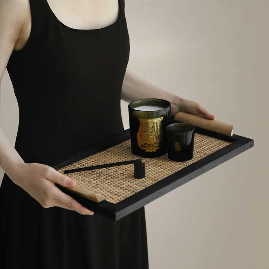 Pine wood rectangular tea tray with integrated compartment for storage