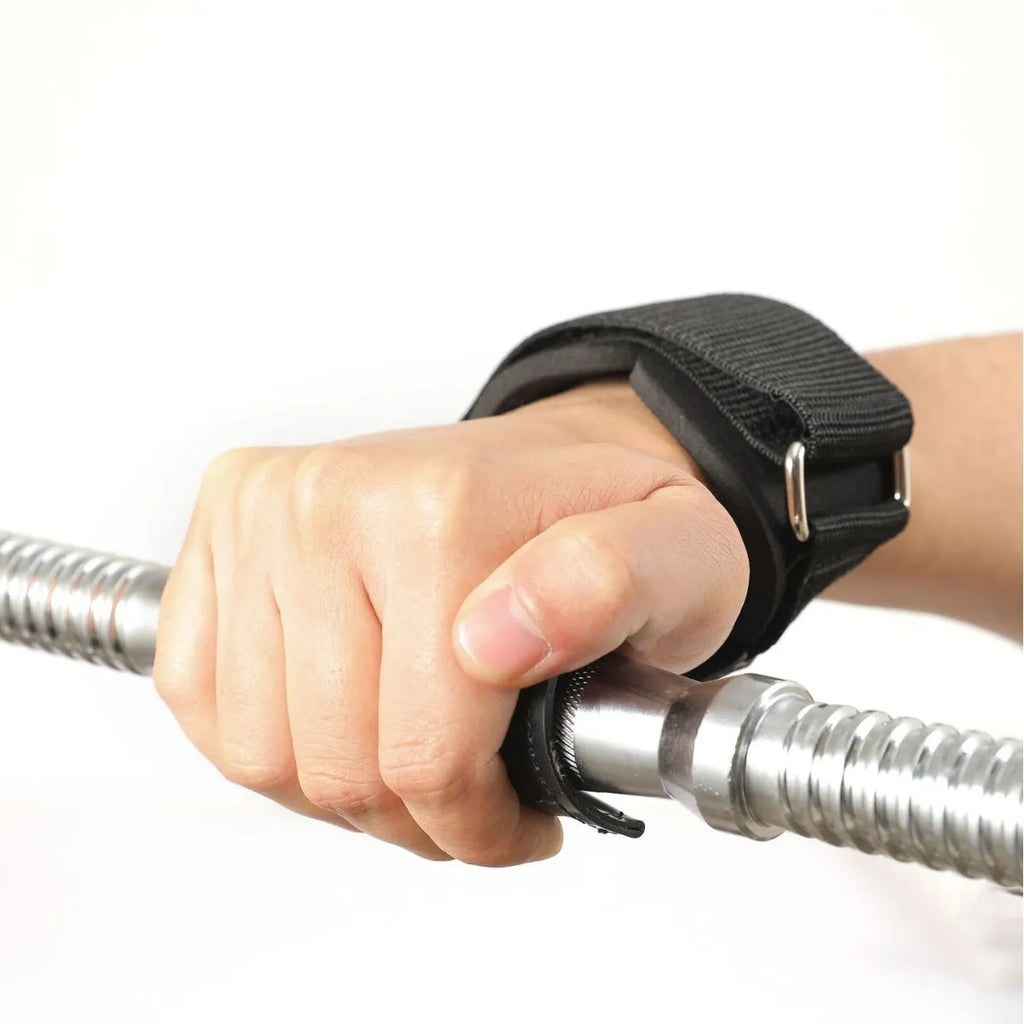 Black rubber palm protection band for weightlifting and rock climbing grip.
