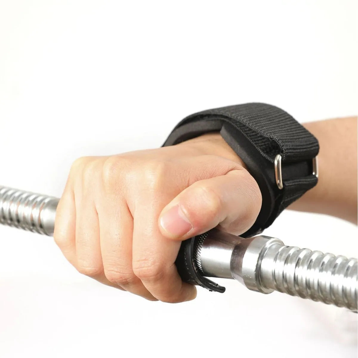 Black rubber palm protection band for weightlifting and rock climbing grip.
