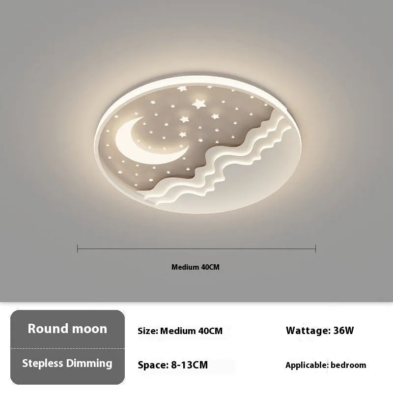 Moon ceiling light in 40cm, 50cm, or 60cm size, wrought iron and acrylic, white light or nonpolar, simple modern bedroom fixture.