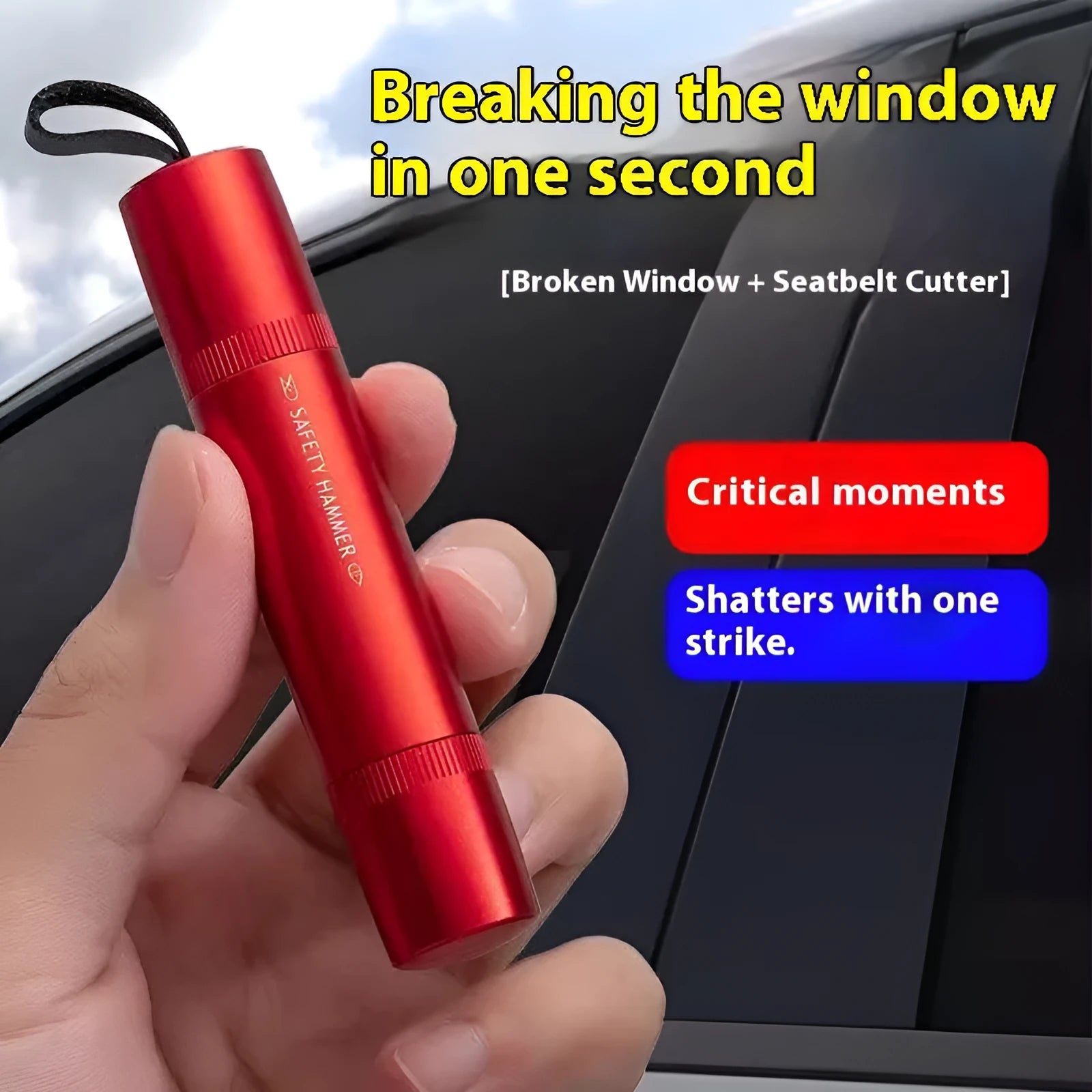 Black and red ABS car safety life hammer with integrated window breaker and seatbelt cutter