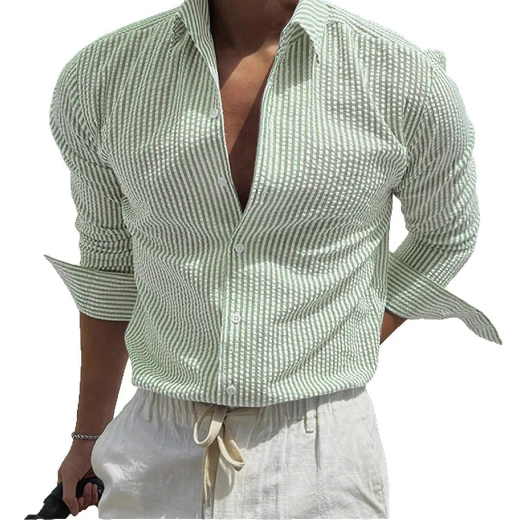 Men's striped cardigan lapel long sleeve shirt in polyester available in multiple colours