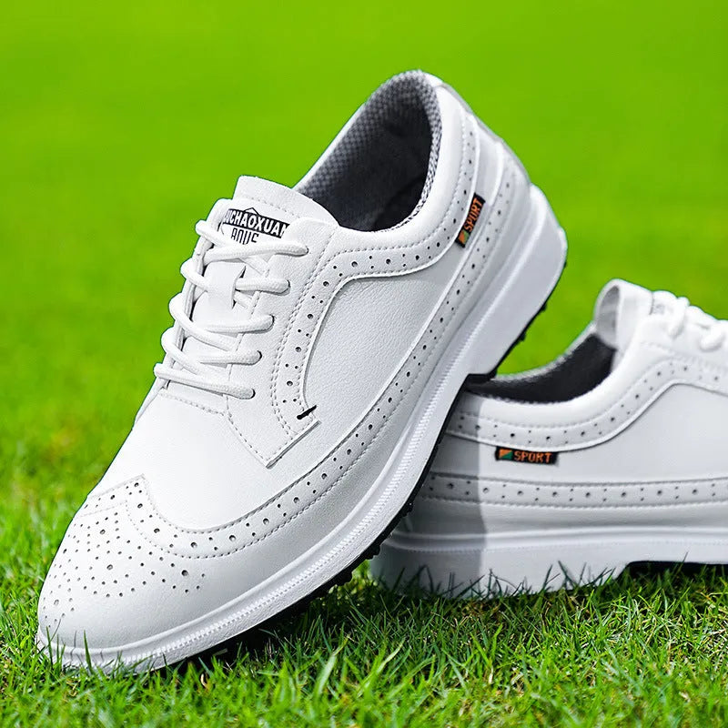 Men's lake blue and white genuine leather golf shoes with non-slip rubber outsoles