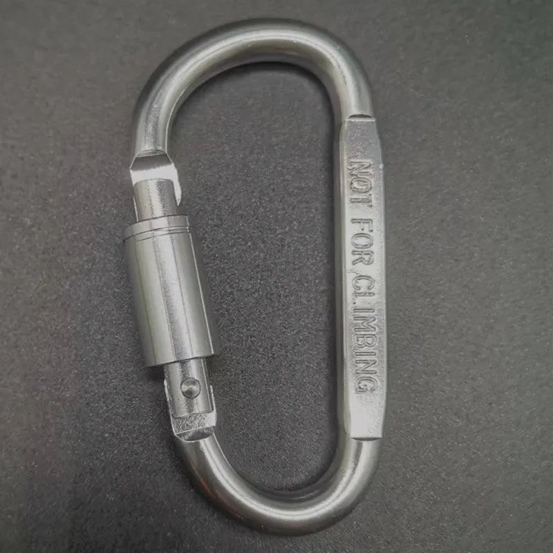Silver D-shaped aluminium locking carabiner on a grey background.