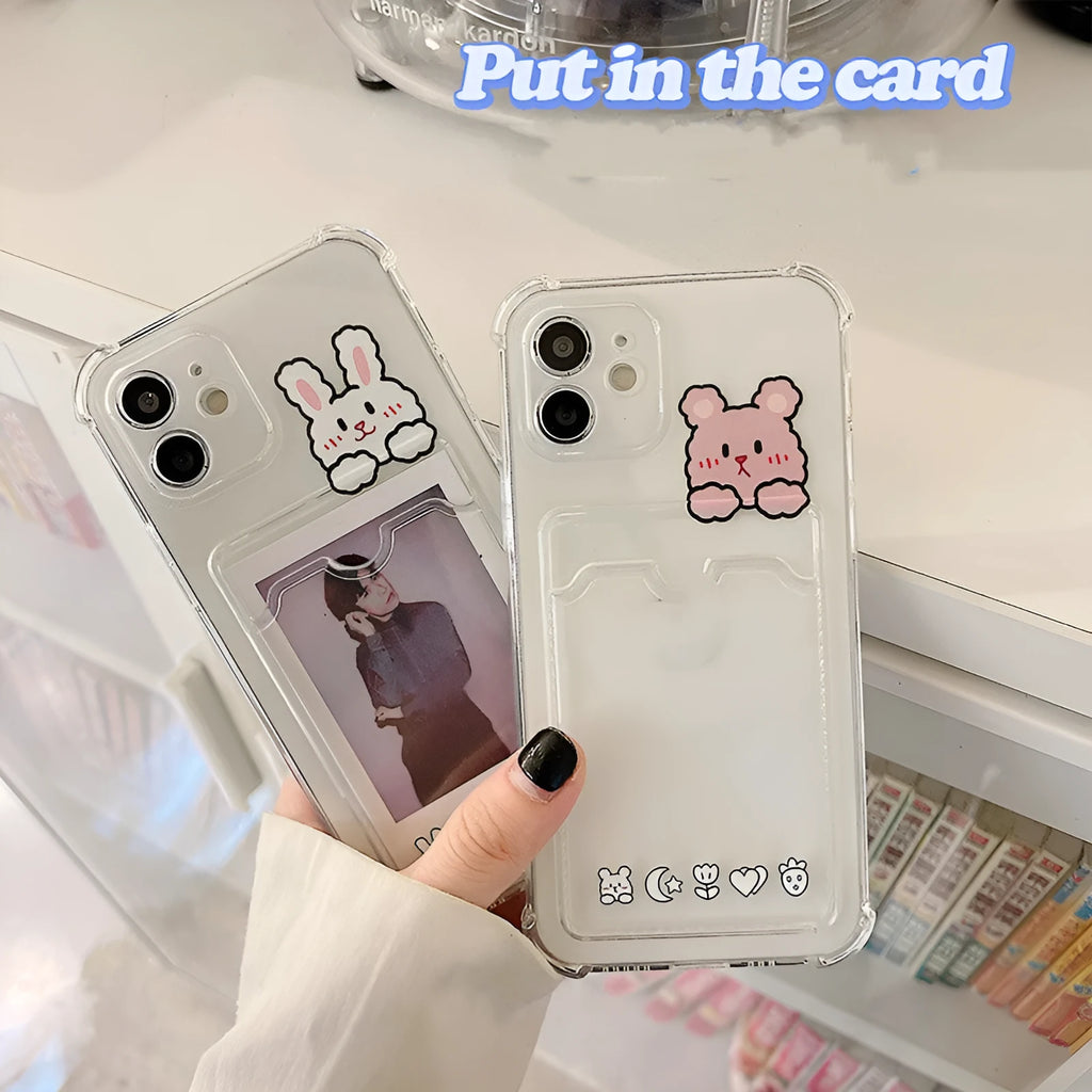 Cartoon design transparent TPU iPhone case with a built-in card holder slot on the back.