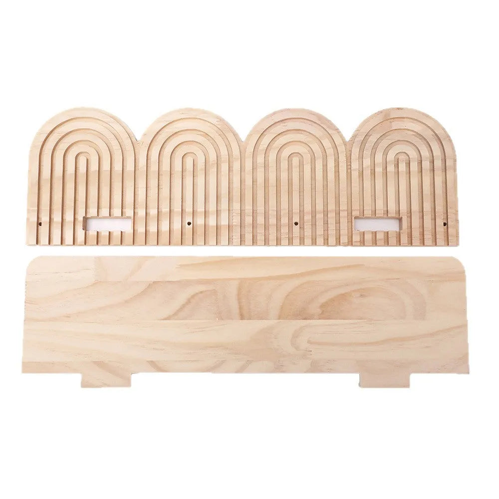 Natural wood wall rack with multiple tiers for displaying potted plants vertically