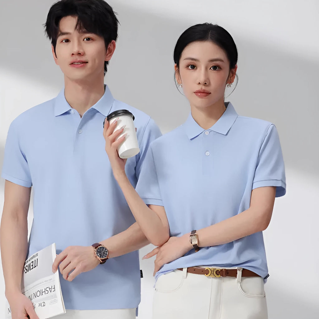 Cotton lapel polo shirt in a light colour on a hanger, showing short sleeves and asymmetric detail.