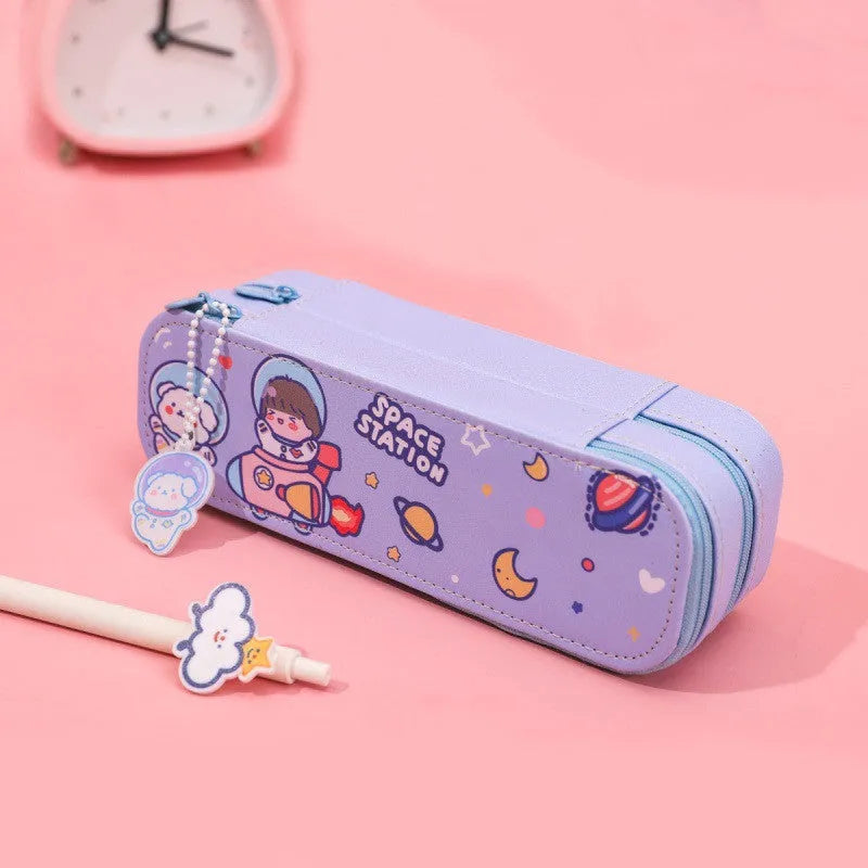 Cute astronaut double-layer PU pencil case in colourful cartoon design with multiple colour options