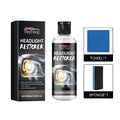 Headlight restoration kit with polishing fluid bottle, microfibre cloth, and applicator sponge for vehicle headlight cleaning