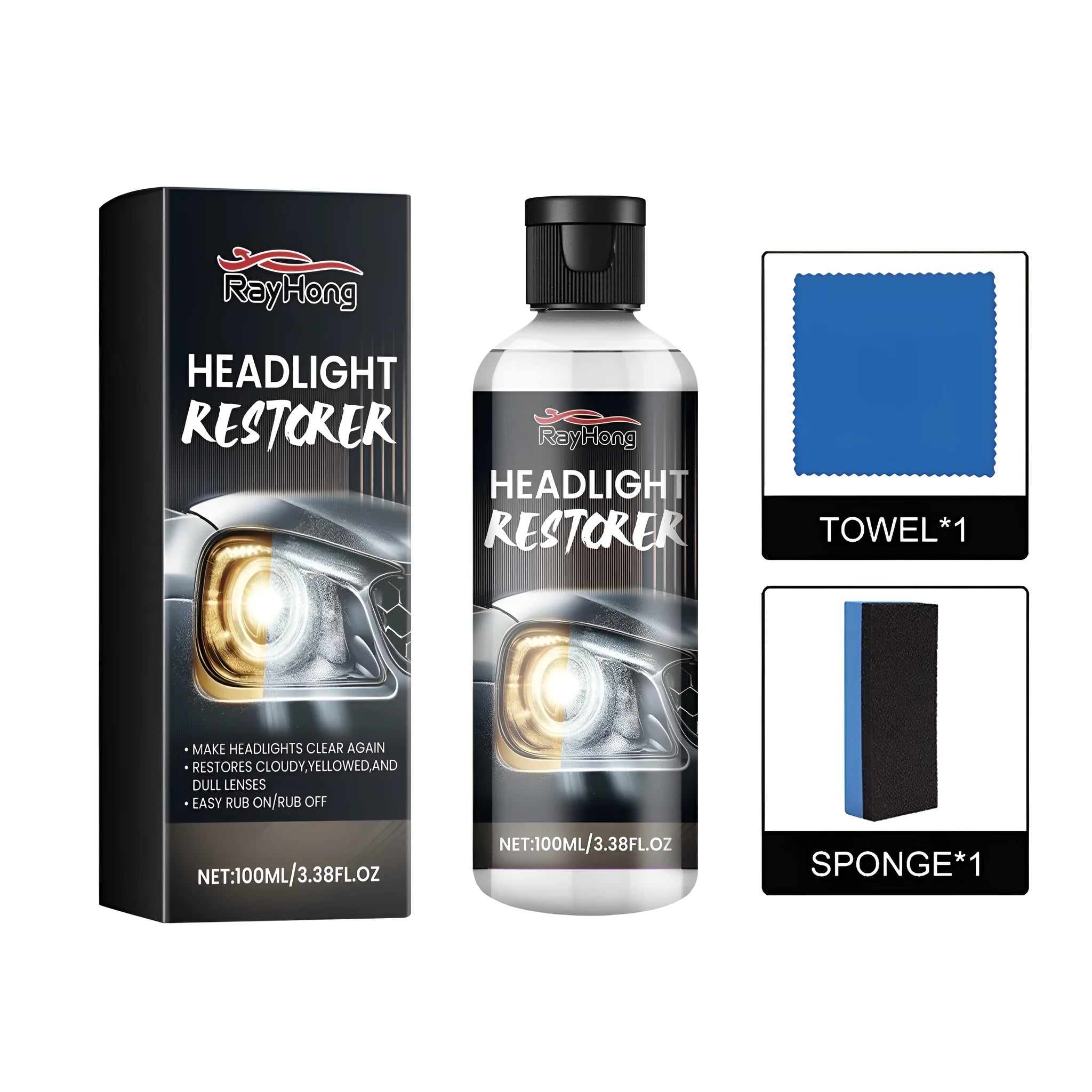 Headlight restoration kit with polishing fluid bottle, microfibre cloth, and applicator sponge for vehicle headlight cleaning