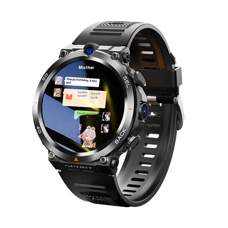 Sports smartwatch with dual cameras on wrist, showing touch screen displaying fitness stats.