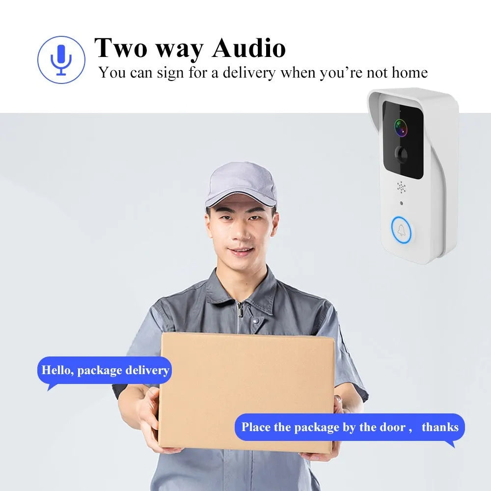 Waterproof smart HD visual doorbell with a rechargeable battery on a doorstep.