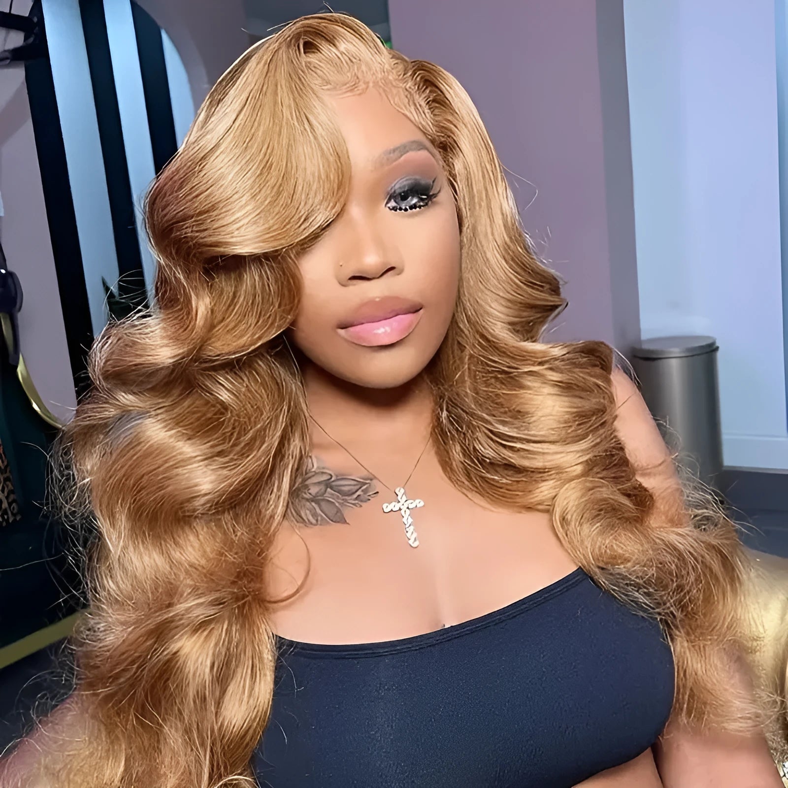 Light brown high temperature fibre big wave wig with side bangs in European and American fashionable style