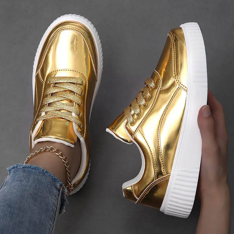Rose gold sequin platform sneakers with round toe and thick MD sole on size label background
