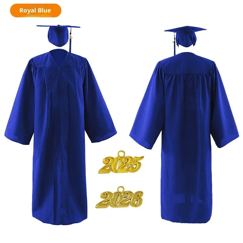 Matte satin graduation dress in black, white, red, yellow, emerald green, sapphire blue, navy blue, pink, dark green, sky blue, and purple options