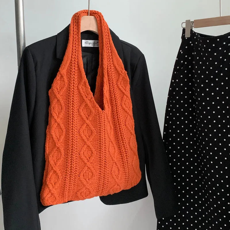 Retro style hollow-knitted polyester shoulder tote bag with double straps in a solid colour