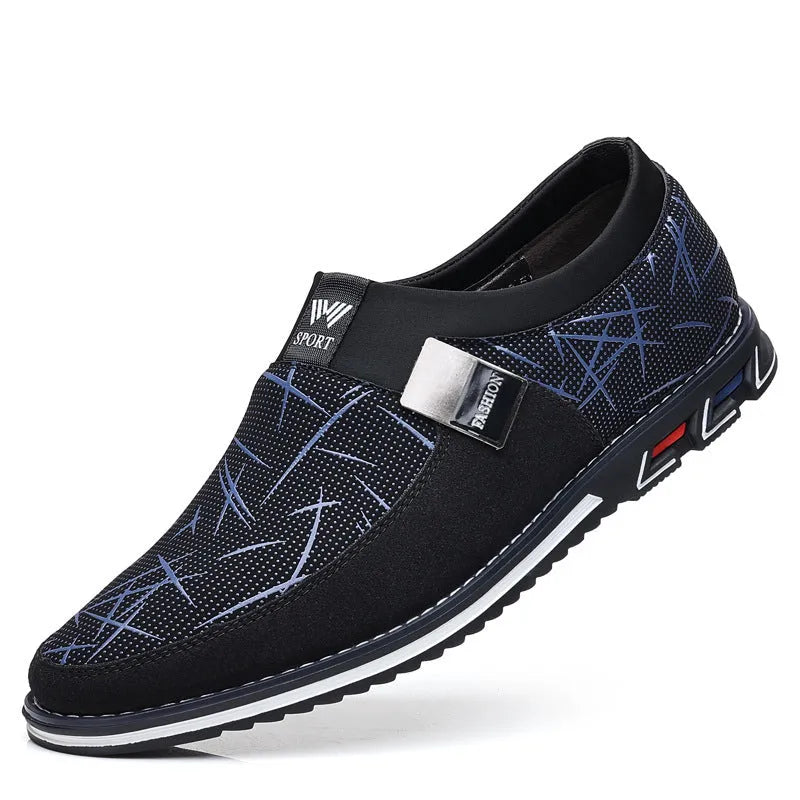 Men's grey and white synthetic leather slip-on casual shoes with a square toe and flat rubber sole.