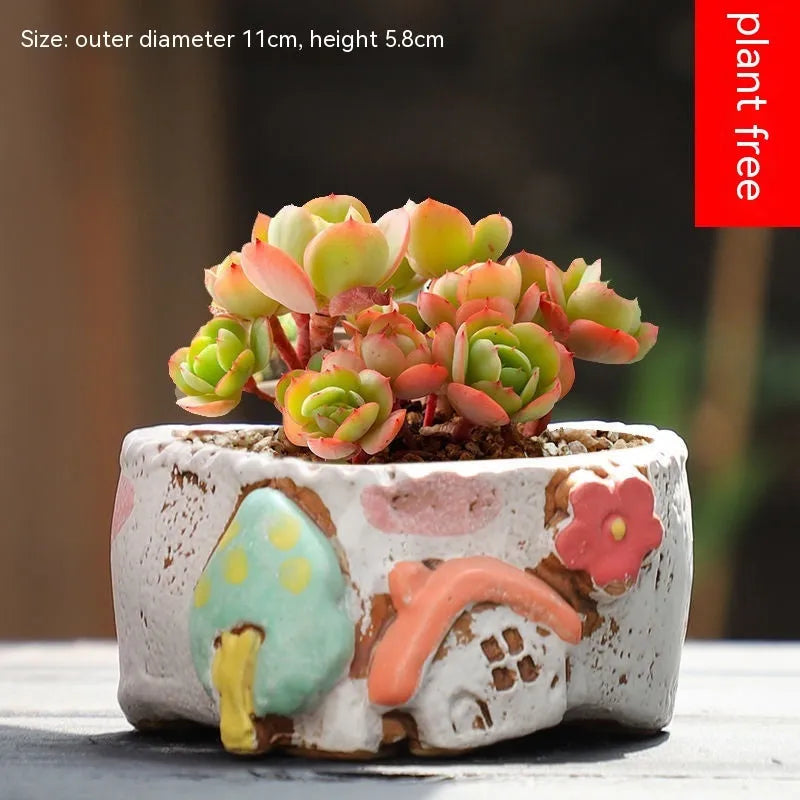Handmade ceramic combination flower pot with hand-painted pastoral design for succulents
