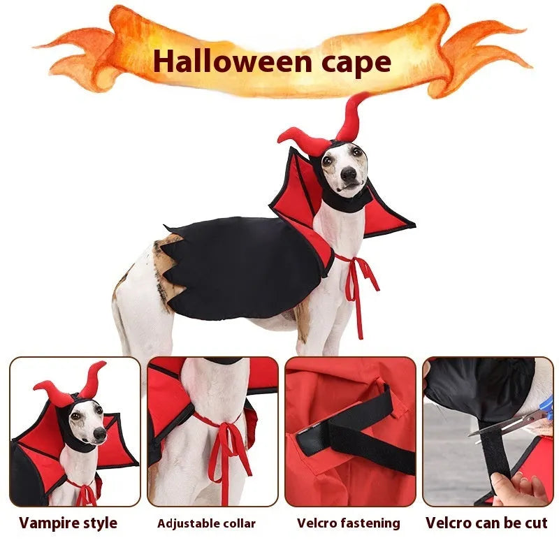 Black polyester vampire cloak and hat Halloween costume for a dog or cat on a white background.