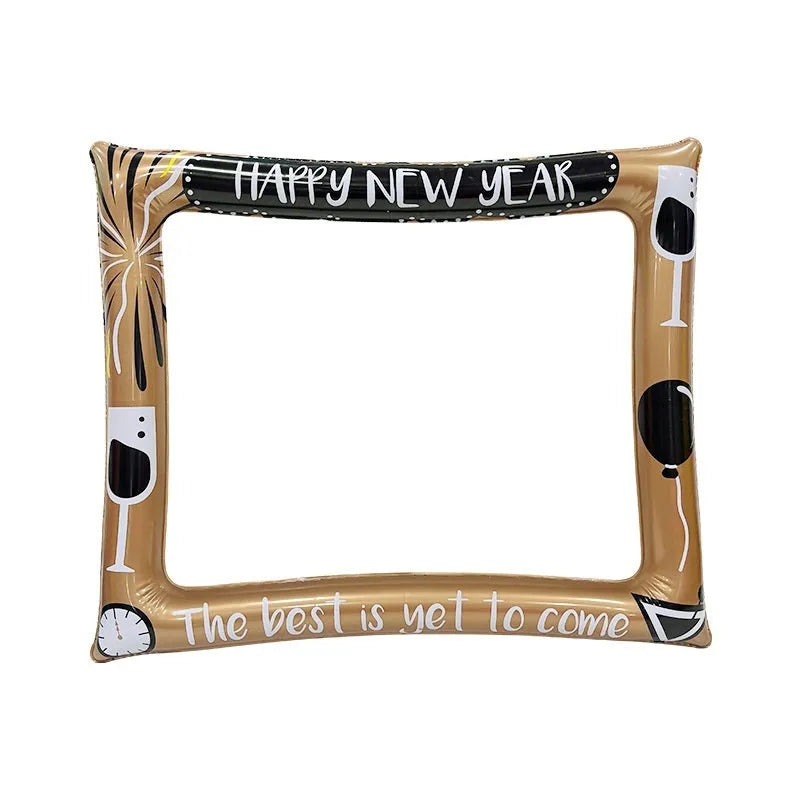 Large red and green Christmas inflatable photo frame prop on white background