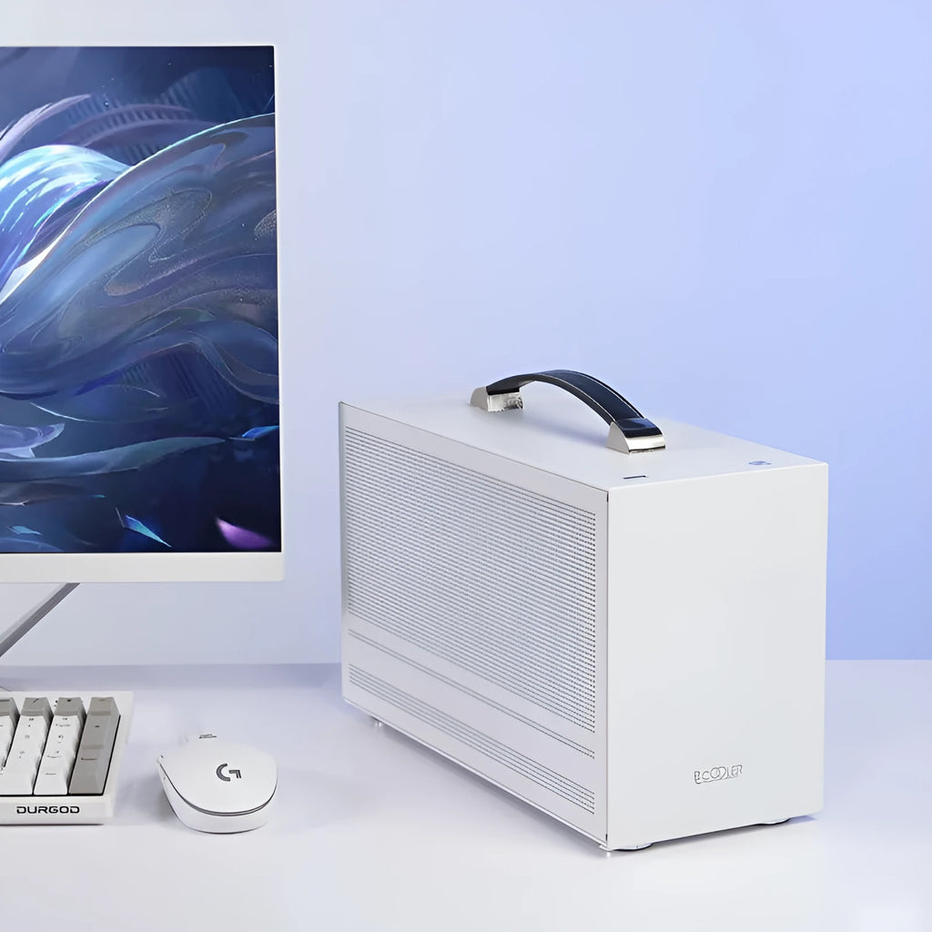 Three Hummingbird Portable Mini-ITX desktop computer case in titanium grey or white finish