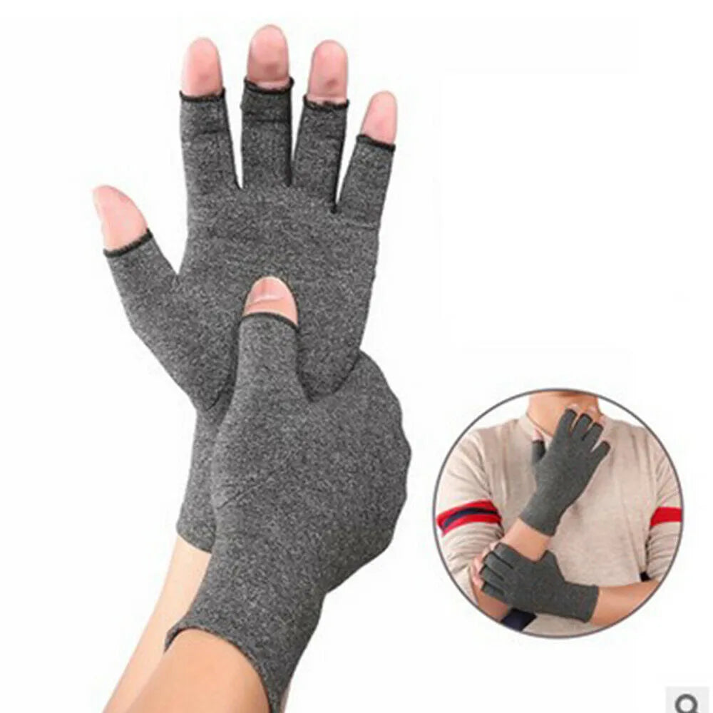 Grey half finger joint compression gloves showing anti-slip texture on palm.