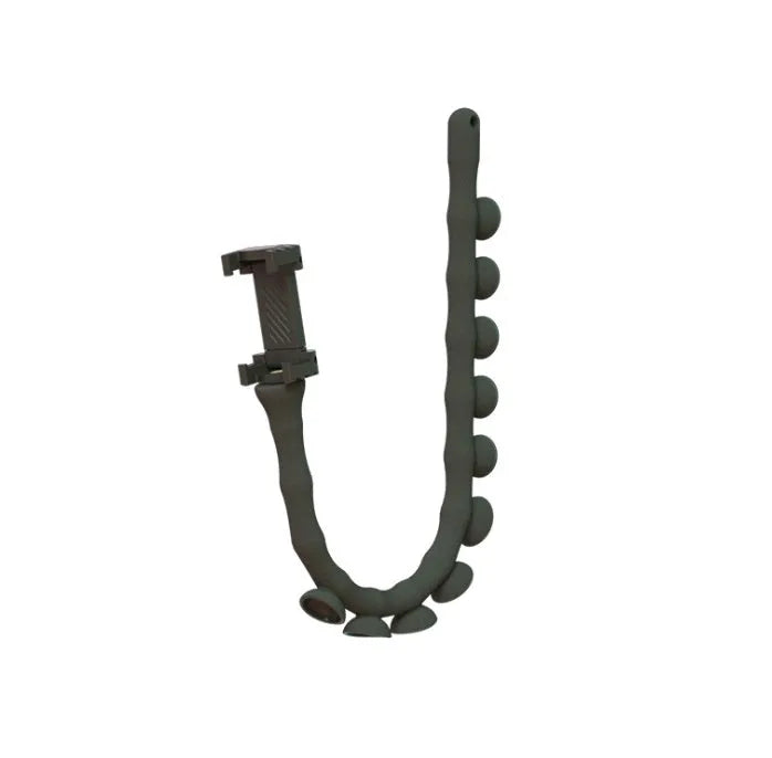 Black flexible rubber phone holder with suction cup bent into shape showing 62cm length