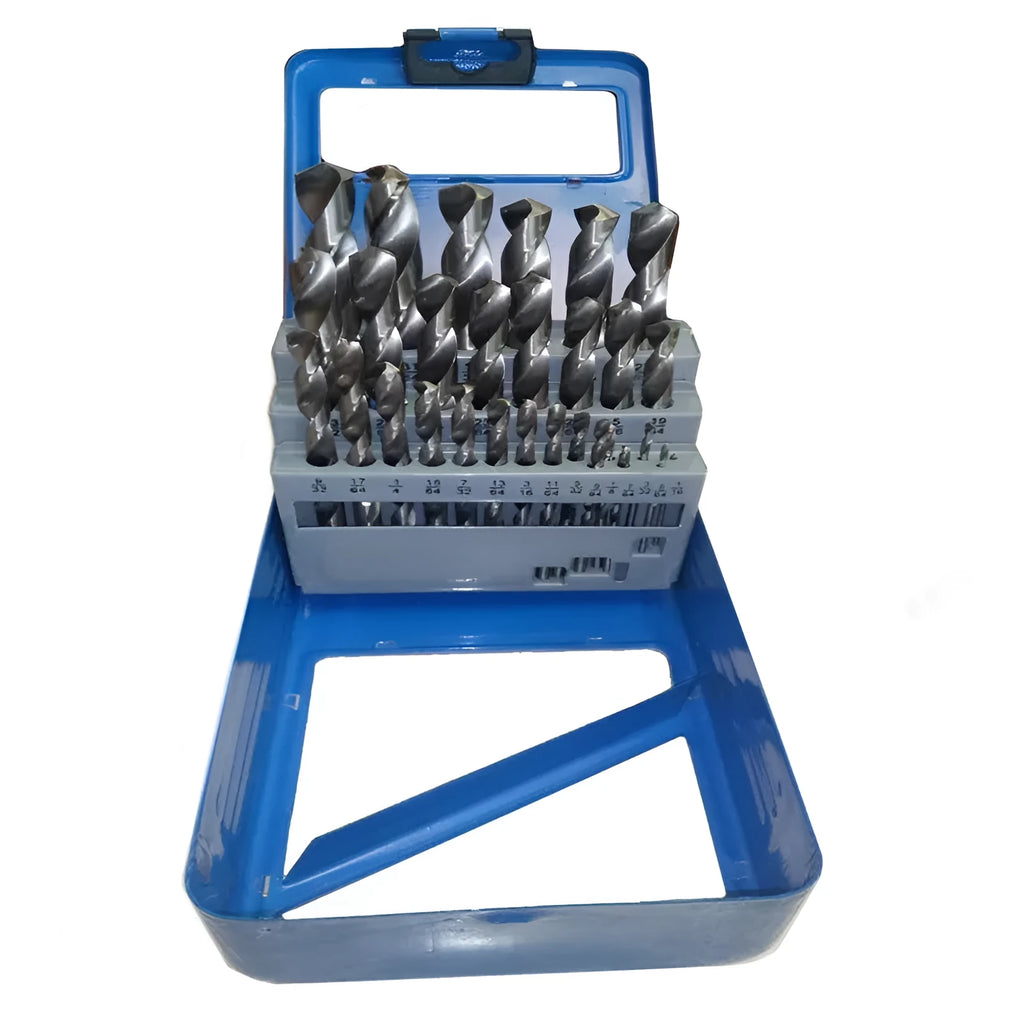 19 25-piece set of high-speed steel twist drill bits with round shank and 118-degree point for wood and metal drilling