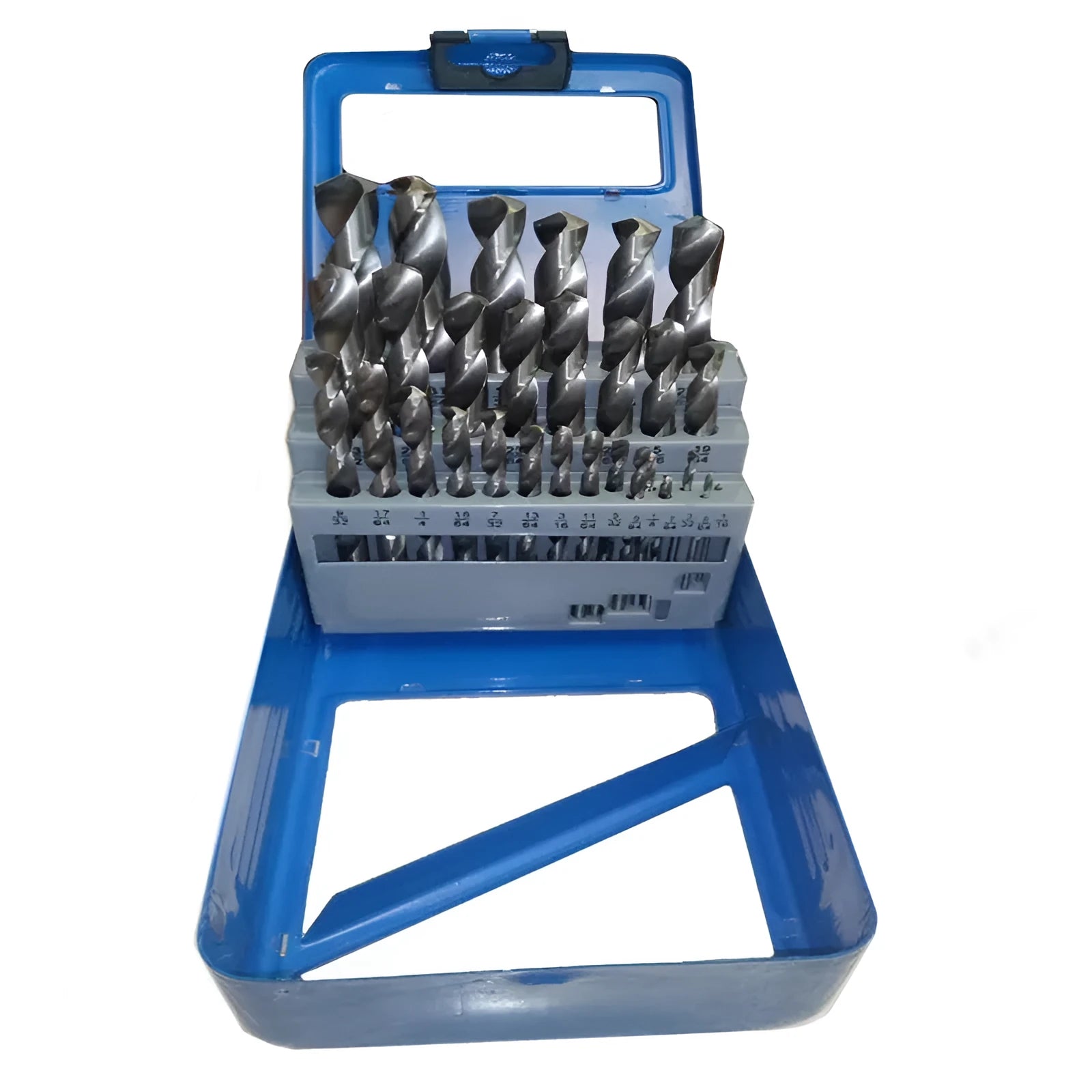 19 25-piece set of high-speed steel twist drill bits with round shank and 118-degree point for wood and metal drilling