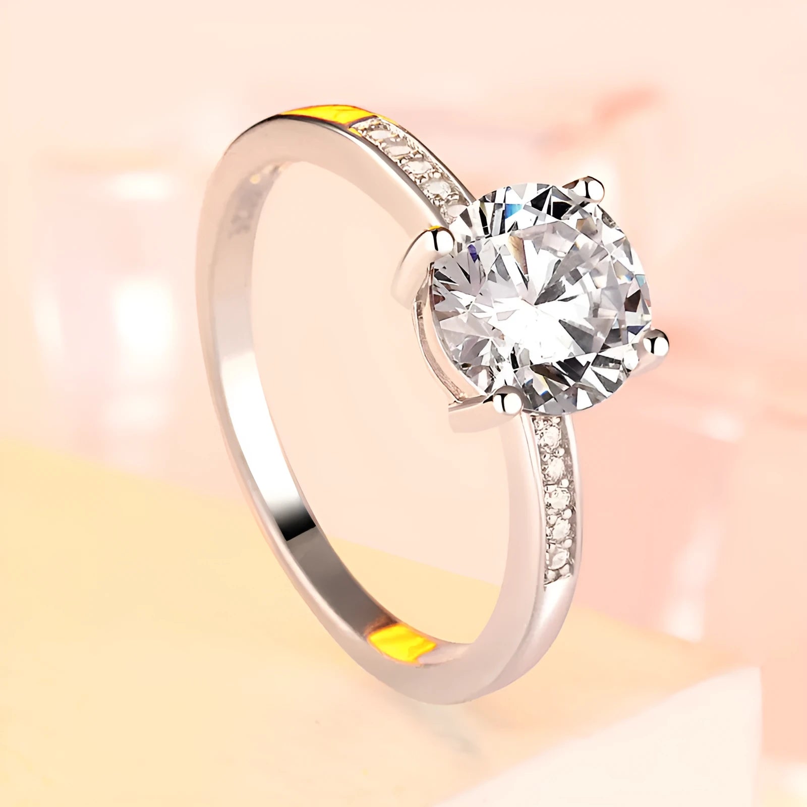 925 sterling silver engagement ring with 7.5mm main stone and small stones on white background