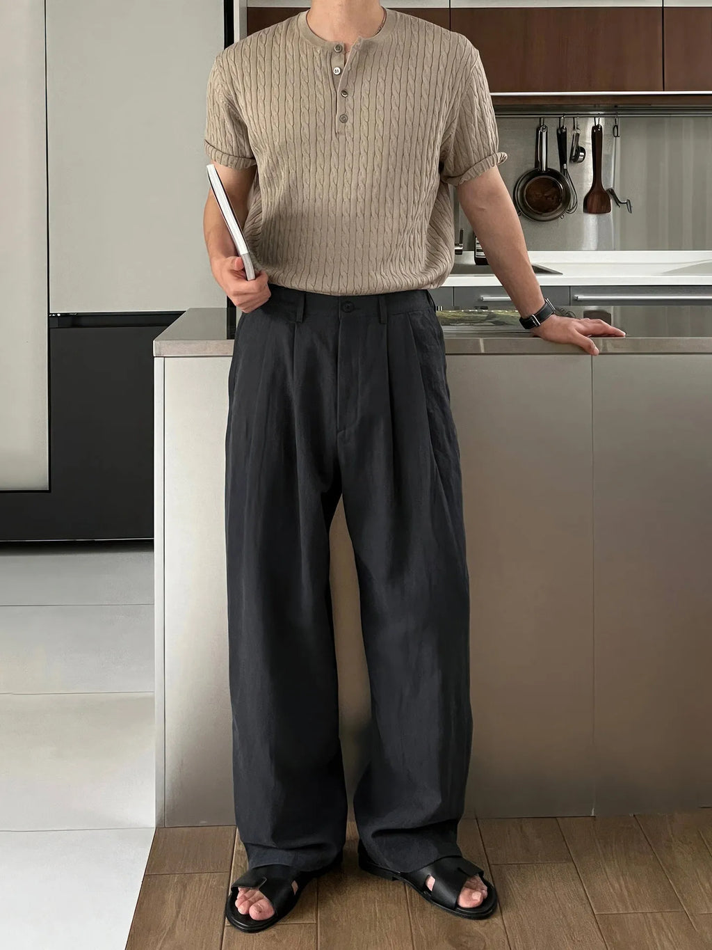 Army Green men's casual trousers with drawstring waist and Japanese-inspired design