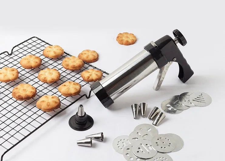 Stainless steel biscuit press cookie machine with 13 mould discs and 8 icing nozzles for home baking