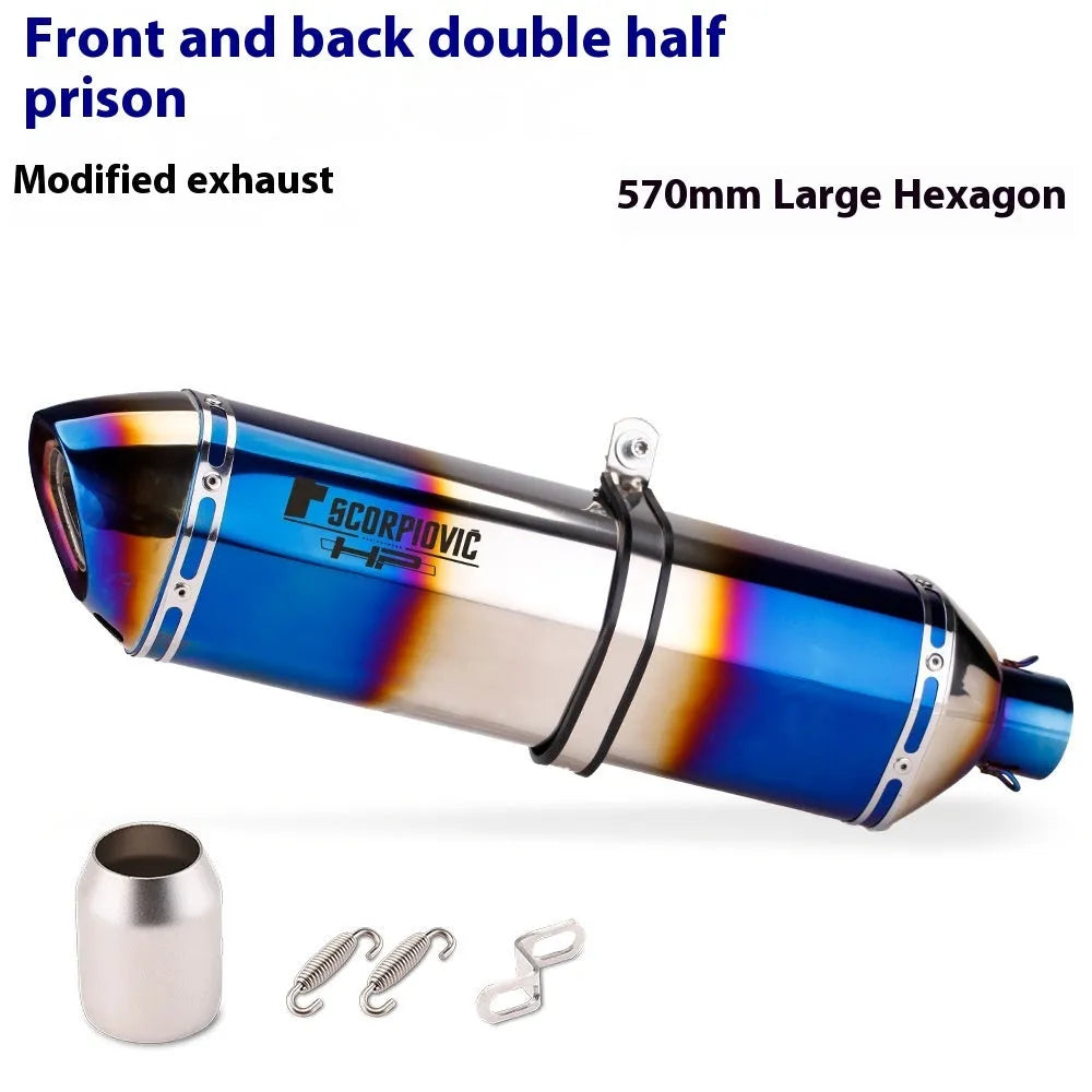 Double half blue stainless steel racing exhaust pipe for motorcycle modification, roasted blue finish, 370 470 570 options