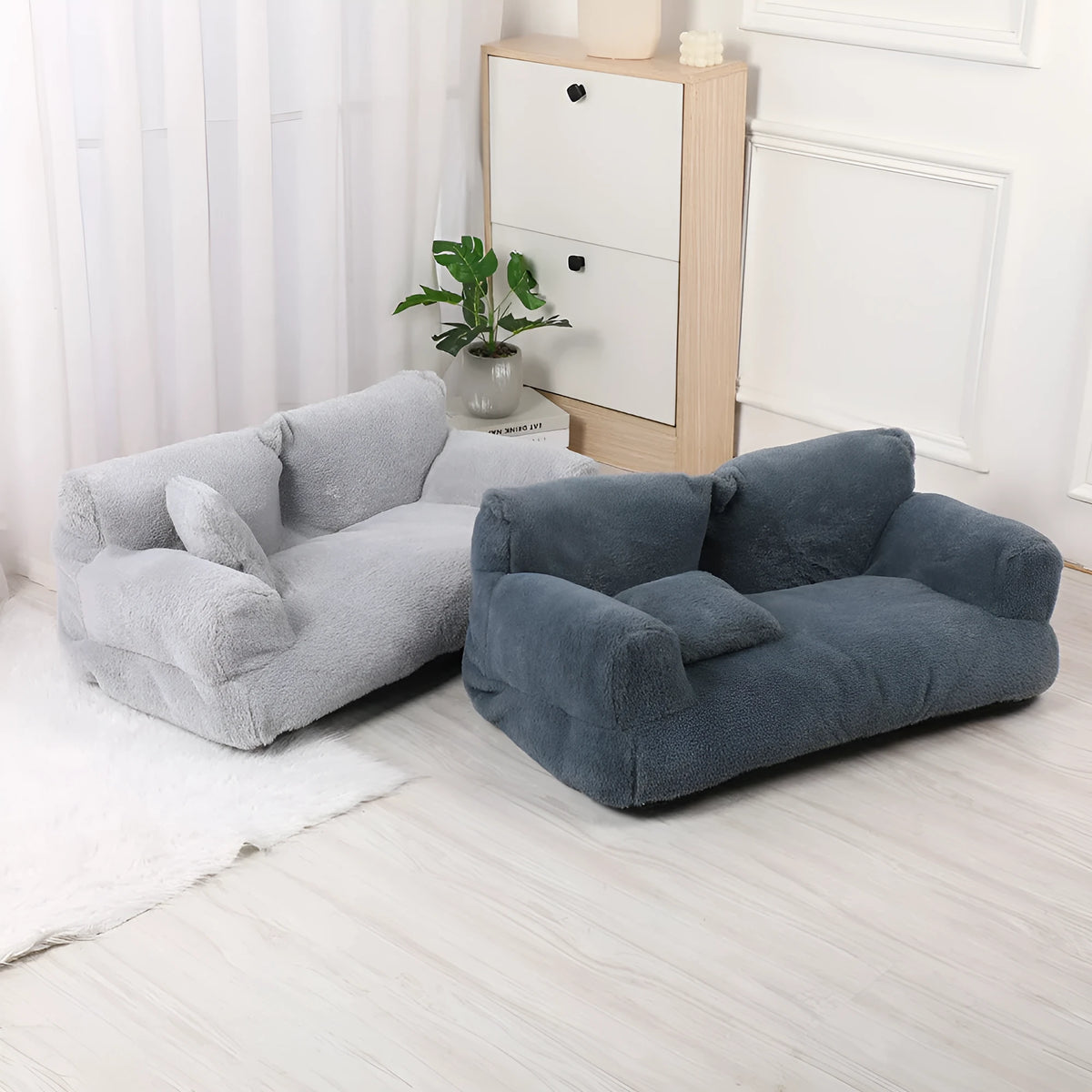 Rabbit plush dog sofa nest in khaki, dark grey or light grey, six sizes from S to XXL