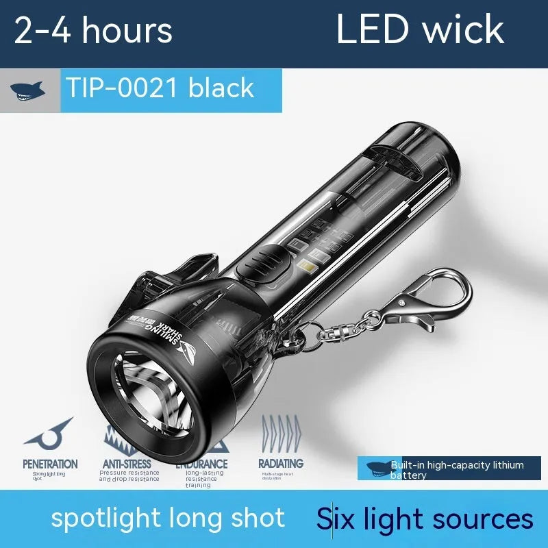Black plastic portable flashlight with USB charging port.