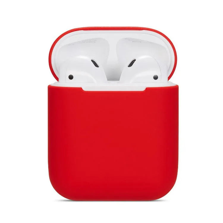 Soft silicone protective case for Apple AirPods charging case in multiple colours including black, grey, pink, and blue.