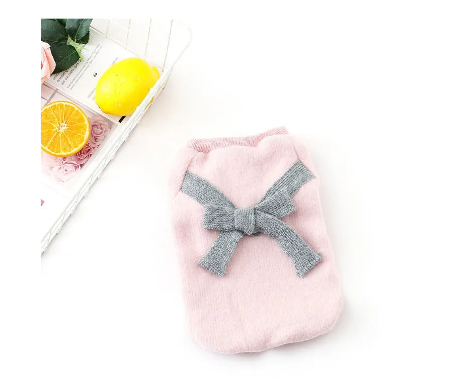 Brushed cloth bow pet clothes in grey and pink for dogs and cats with five adjustable sizes XS to XL
