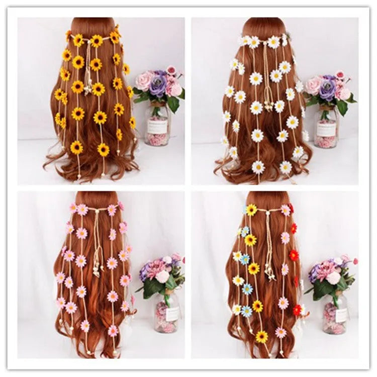 Handmade sun flower headdress garland hair band with Korean velvet and wooden beads in a bohemian style