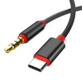 Silver and black nylon-braided audio cable with 3.5mm connectors in three length options.