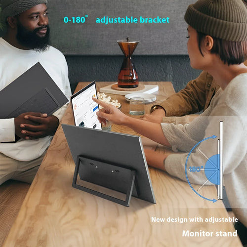Black 15.6-inch portable USB monitor on adjustable stand showing office application on screen