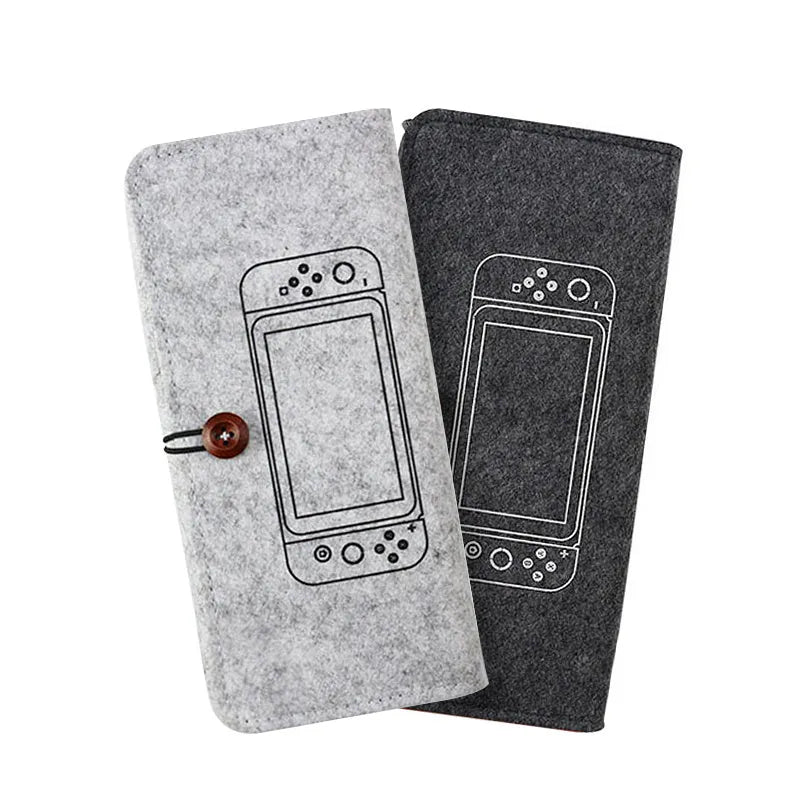 Black felt Nintendo Switch carrying pouch with game card slots and accessory compartments