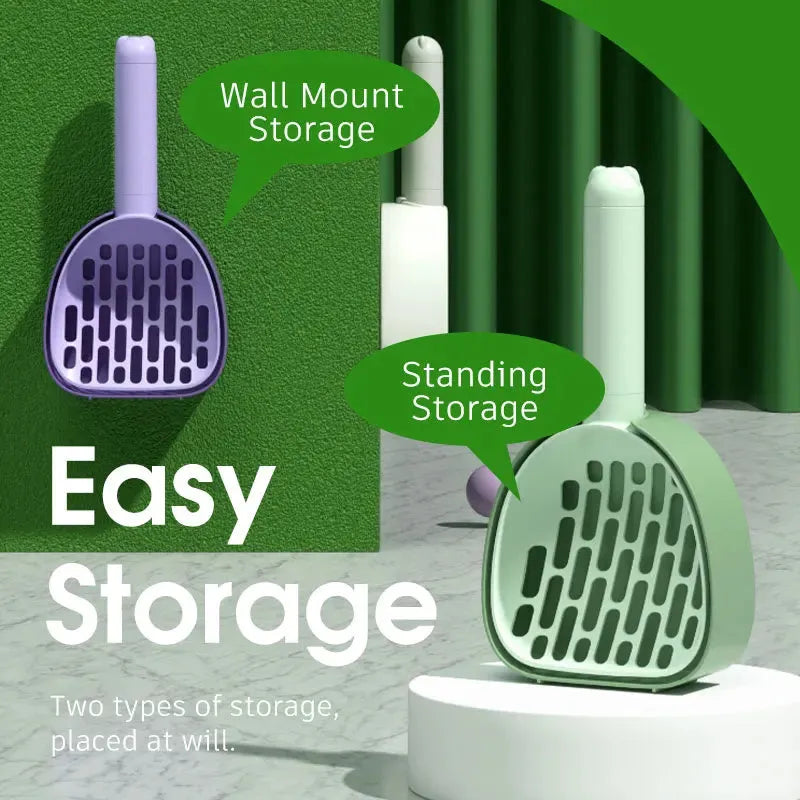 ABS plastic cat litter scoop with base featuring hidden bag storage and wall mounting capability